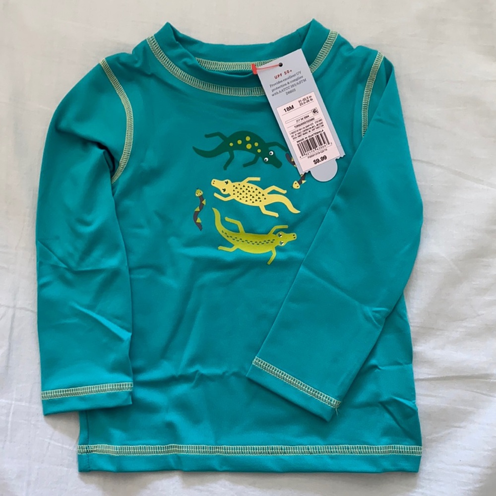 NWT Cat & Jack rashguard sun protection sun shirt 18 Months boys teal lizards